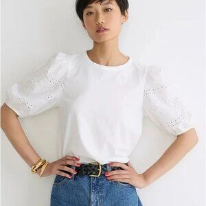 J. Crew Broken in Jersey White Eyelet Embroidered Puff Sleeve T Shirt Size Large